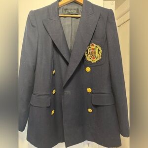 Vintage 90’s Ellen Tracy Navy Wool Blazer w/Iconic Embroidery crest logo -Size 6